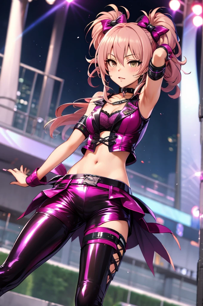 masterpiece, best quality, highres, aamika, twintails, hair bow, idol clothes, choker, vest, wrist cuffs,, midriff,latex shorts,medium breasts