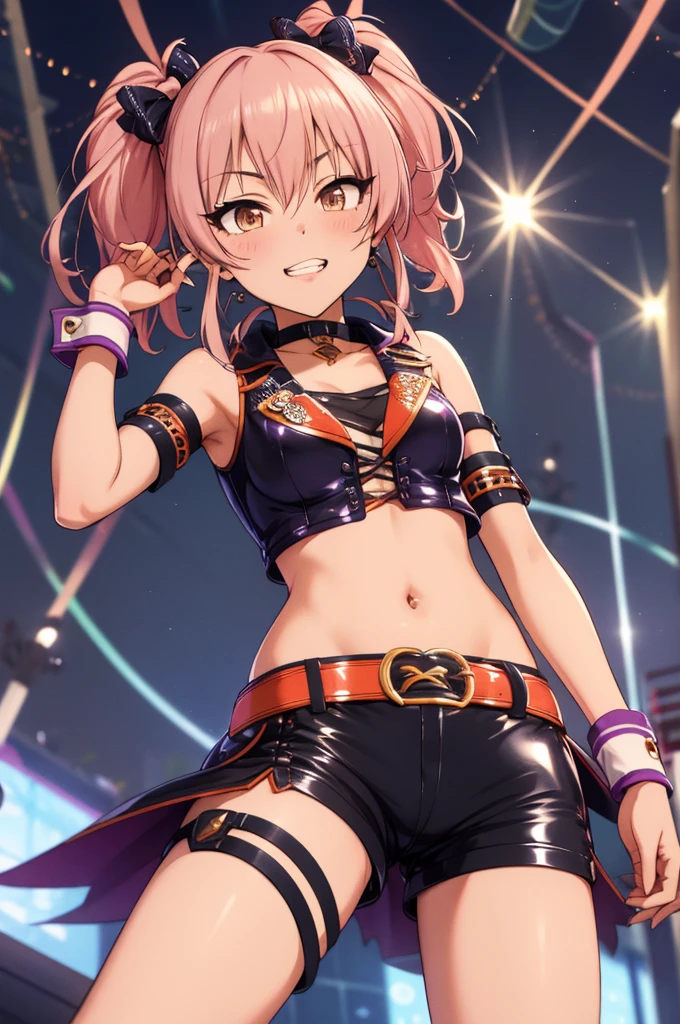 masterpiece, best quality, highres, aamika, twintails, hair bow, idol clothes, choker, vest, wrist cuffs,, midriff,latex shorts,medium breasts