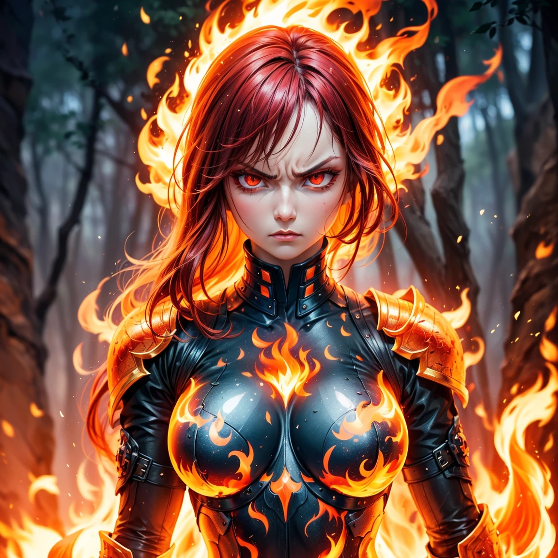 (High Detail:1.2) Anime girl, (Best quality, Detailed), (dark and angry, gravelly:1.3, dark:1.2), 1girl, (solo), long hair, red hair!, (flaming hair), ((red eyes)), fair skin, (black armor plate), sinister, intense look, fire forest, lava, background dark, Volumetric light, hyper realistic, super detailed, Dynamic pose, (very sexy body, detailed face, detailed eyes, masterpiece, highly detailed, 8k, best quality, vibrant colors, digital art, concept art)