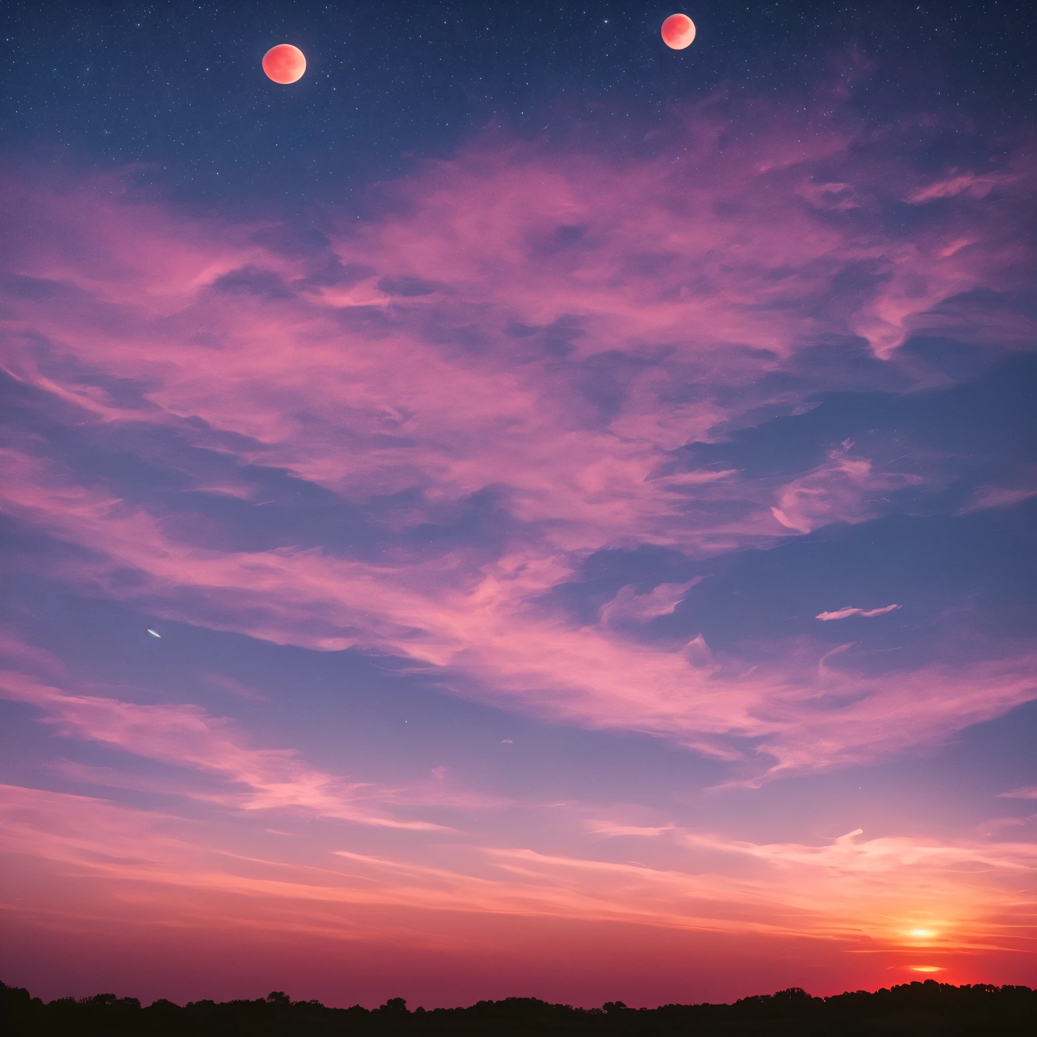 a pink moon in the sky with clouds and stars, pink moon, ☁🌪🌙👩🏾, giant pink full moon, ✨🕌🌙, heaven pink, pink skies, beautiful as the moon, pink clouds, the sky is pink, moon in the sky, ❤🔥🍄🌪, pink sky, dreamy ethereal vibe