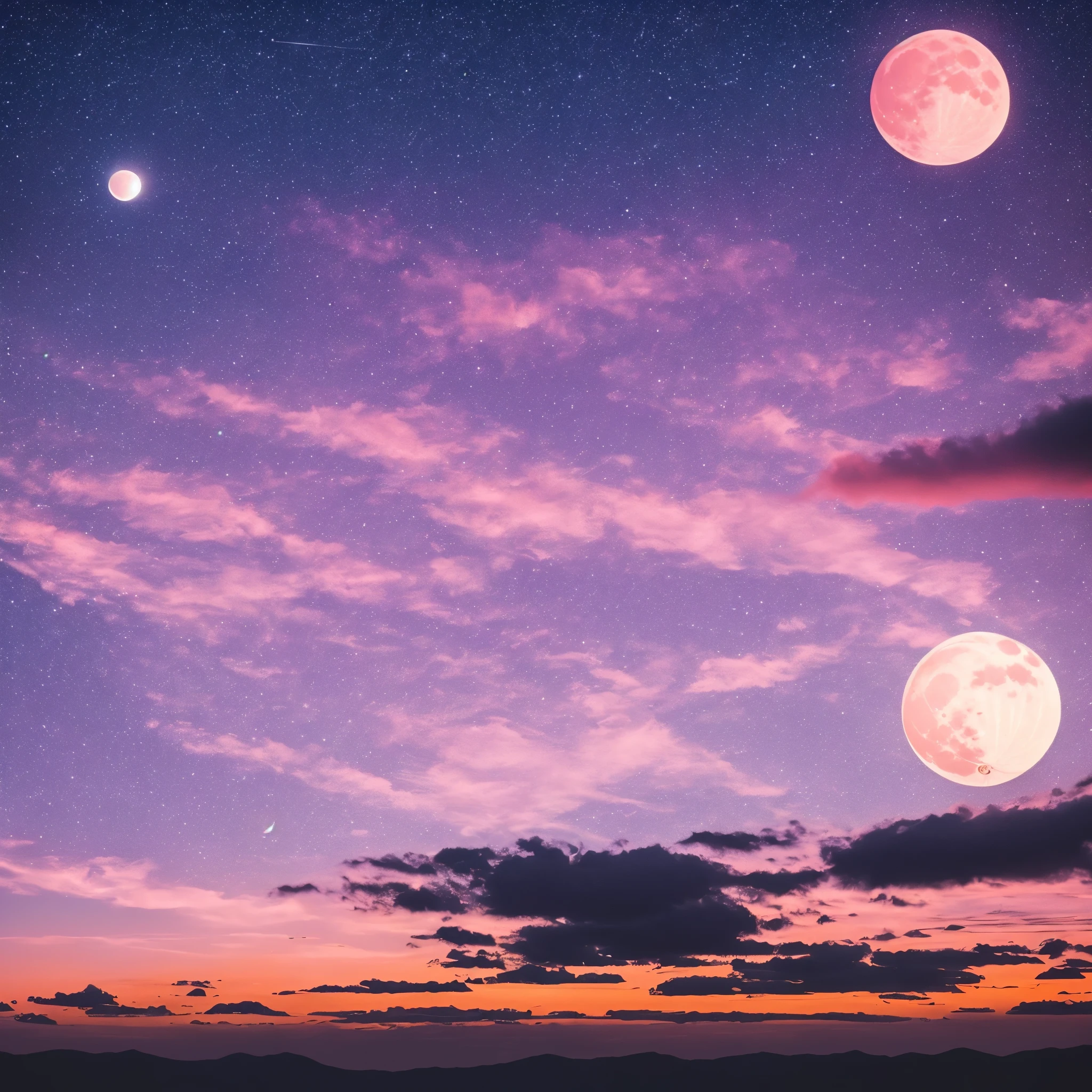 a pink moon in the sky with clouds and stars, pink moon, ☁🌪🌙👩🏾, giant pink full moon, ✨🕌🌙, heaven pink, pink skies, beautiful as the moon, pink clouds, the sky is pink, moon in the sky, ❤🔥🍄🌪, pink sky, dreamy ethereal vibe