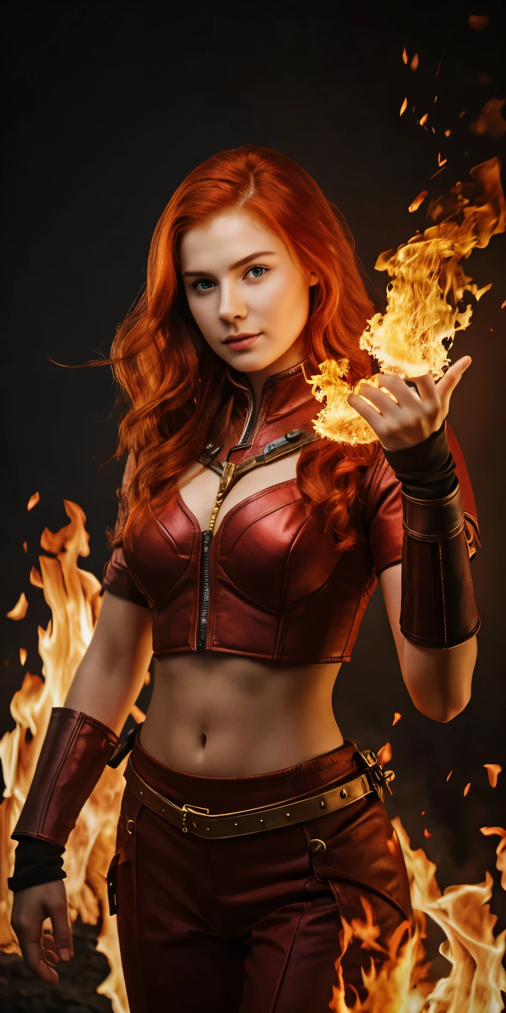 masterpiece, real photo, realistic.young woman. Red hair, epic outfit, use fire magic.