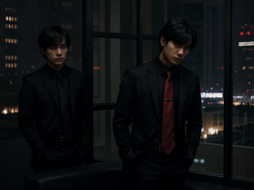 Photorealistic, dark vibes, solo, ****ung male, looking at viewer, east Asian, 27 years, model, bowl cut wavy black hair, side swept bangs, (black suit with red tie:1.1), dark lighting, foreboding, standing in luxury office, (city background from window:1.1)