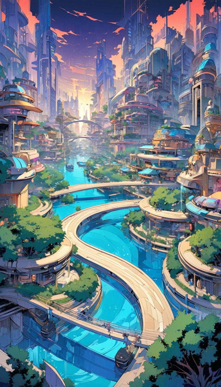 a cat in lake city:1.5 , an impressive city built on a large lake, with canals as streets, lots of vegetation, futuristic elements, artwork by Bill Sienkiewicz , vivid colors, intricate details,
