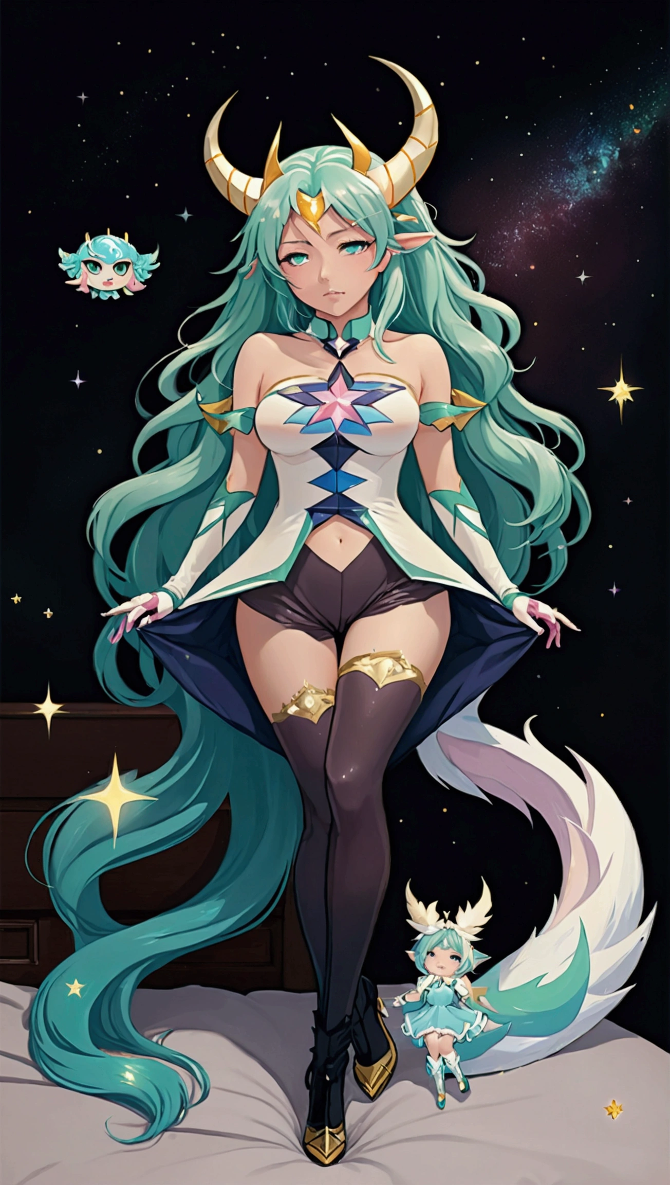 1 girl, realistic, dakimakura, Star Guardian Soraka girl, Christmas outfit, black high heel boots, in bed, green long hair, Best quality, masterpiece,