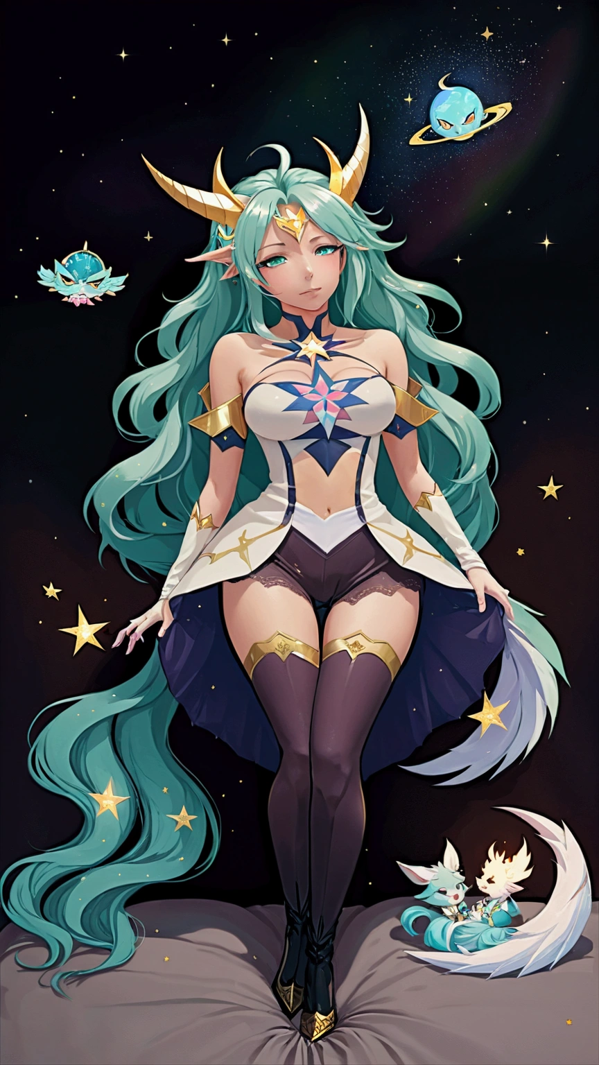 Monster Girl, Mysterious, Enigmatic, Otherworldly, Solitary, Sage, Lunar being, Moonlight, Silver-white hair, Shimmering blue and silver ribbons, Moonlit night, Reflective eyes, Deep wisdom, Melancholy, Slender, Graceful, Pale luminescence, Moonlight glow, Silver-white hair, Shimmering blue and silver ribbons, Reflective eyes, Silvery-blue glow, Moonlit night, Flowing gown, Phases of the moon, Dark blue, Deep purple, Silver and gold celestial patterns, Stars, Moons, Constellations, High collar, Hood, Silver amulet, Delicate chain, lantern, Moon, Gentle source of light, Silver rings, Moonstones, 1girl, simple background, colored background, wide hips, full body, pin up, big butt