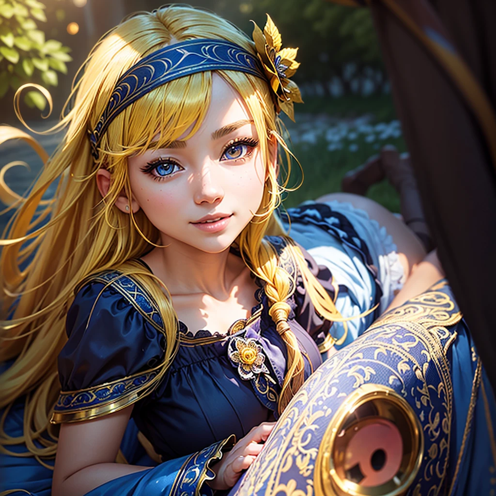masterpiece, best quality, best quality, (Intricate detailed:1.2), beautiful eyes, 1girl, solo, outdoors, blue sky, cloudy, bokeh, lens flare, anamorphic lens flare, depth of field, seductive face, seductive smile, heanna_sumire, yellow hair, red headband, 3D, three dimensional 