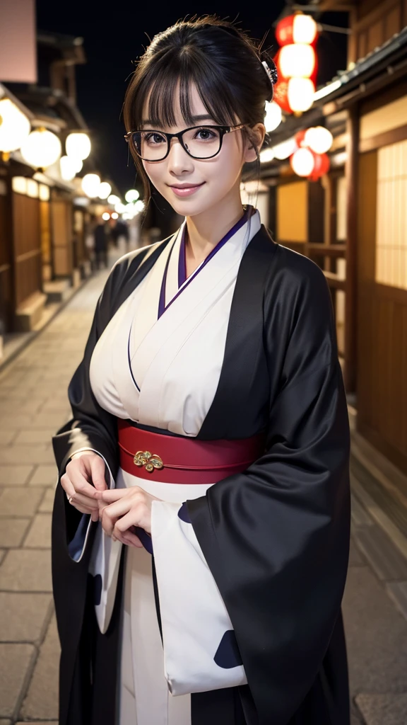 (Super beautiful woman in kimono)、((highest quality、8K masterpiece:1.3))、sharp focus:1.2、(super beautiful face:1.0)、(shiny skin:1.0)、realistic pictures、black hair、video lighting、High resolution eyes and face、video lighting、japanese actress、from the front、big breasts、with a happy smile、Slender abs beauty、whole body、wearing a kimono、in Kyoto、(((luxury obi)))、In Kyoto at night、wearing glasses with no edge、with a fan