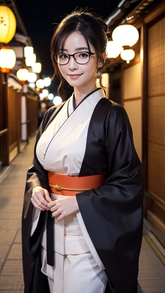 (Super beautiful woman in kimono)、((highest quality、8K masterpiece:1.3))、sharp focus:1.2、(super beautiful face:1.0)、(shiny skin:1.0)、realistic pictures、black hair、video lighting、High resolution eyes and face、video lighting、japanese actress、from the front、big breasts、with a happy smile、Slender abs beauty、whole body、wearing a kimono、in Kyoto、(((luxury obi)))、In Kyoto at night、wearing glasses with no edge、with a fan