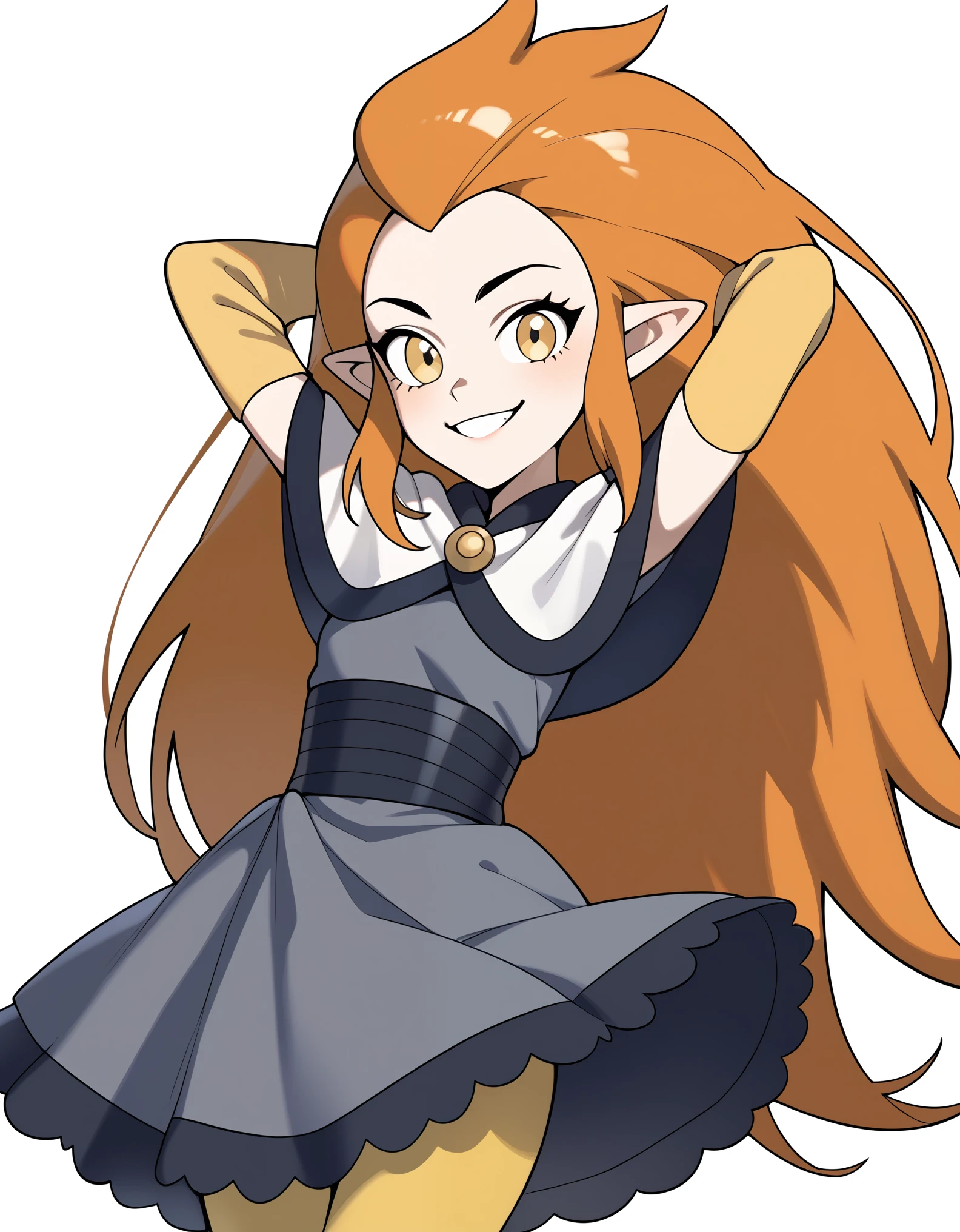 1girl, eda clawthorne, orange hair, long hair, yellow eyes, pointy ears, , capelet, grey skirt, yellow sleeves, yellow leggings, smile, looking at viewer, arms behind head, white background, grey shirt,