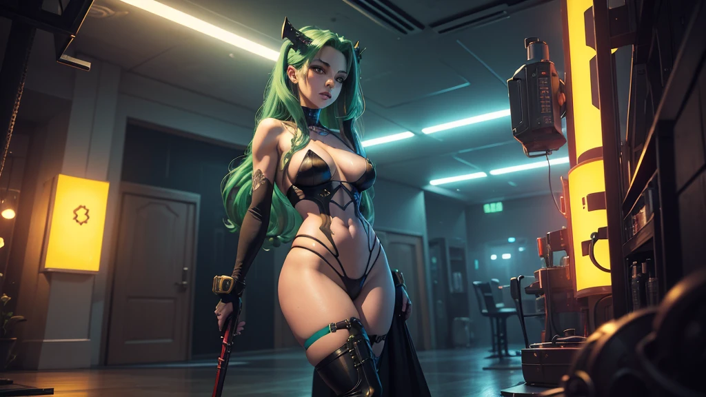 A striking image of a young very busty Rebecca, nude, naked, nipples, showing, standing in center photo, firm round ass, smooth hips, sexy long legs, great complexion, beautiful face, detailed eyes, the iconic anime character. She has long, green hair styled in loose waves and is wearing a revealing red very small string bikini and a bat symbol on the front. Her outfit includes thigh-high black boots. The lighting is bright and natural, highlighting the bold colors and details of her costume, as well as her confident and alluring expression. Art Styles: Cosplay Photography Realism Artists Referenced: Revy black lagoon Categories: Cosplay anime characters Elegant detailed luxury, neon lights, The artwork is rendered in an edgy and realistic style, with high attention to detail and sharp focus. The colors are vivid and contrasted, with a slight desaturation to create a moody atmosphere. shadowy highlights enhancing the overall composition. The medium used is a digital illustration, with a touch of photo-realistic elements to add depth and texture to the image. The final result is a masterpiece in ultra-high resolution, poster style, yellow neon lighting in the background,
