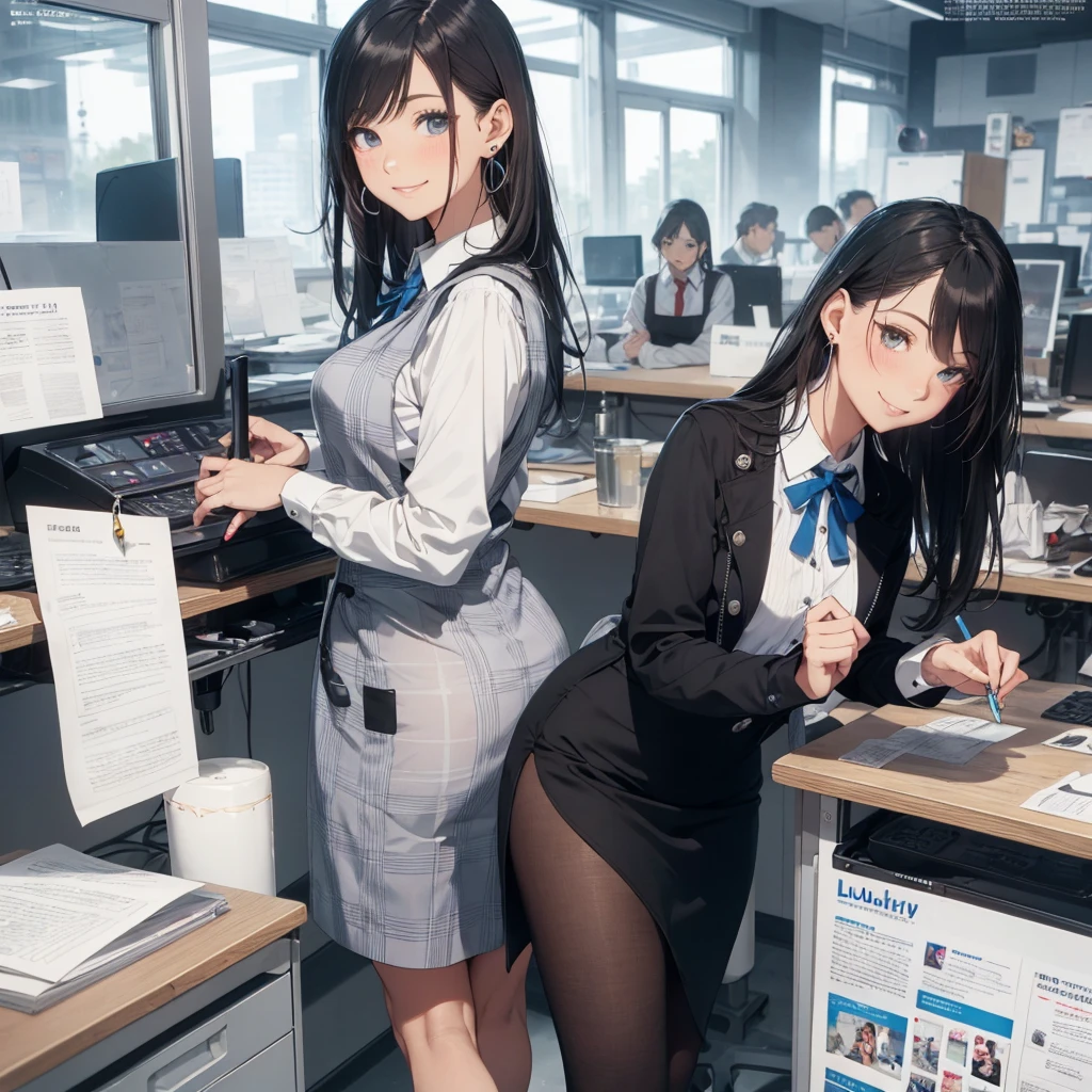 (Best Quality, Masterpiece),Wearing a pink plaid vest, White short sleeved shirt, Gray pencil skirt, Wear stiletto heels, Necklace, earrings, Cute face, Smile, Blushing, Shyness, Glass wall, Ultra Detail, Realistic, Front view, Whole body, stunning, cute, warm smile, hourglass figure, apron, text, chart, advertising, magazine title(Best Quality, Masterpiece), Mag((((1ladyl,)))) (masterpiece), (realistic), (best quality), (ultra-detailed), (wearing in [[white and gray check pattern]] Vest worn over white collared long-sleeved shirt:1.4), (gray vest with buttons:1.2), (Pink Theme:1.2), (blue ribbon ribbon:1.3), (Black theme:1.4), (Tight black pencil skirt:1.5), ((Brown pantyhose)), (high-heels:1.1),longskirt,office desk, office chair,Lulubre Unity 8K Wallpaper, pantyshot, long brown hair, office lady Magazine Cover, 1girl,  amazing, girl, 30 years old, house wiife, warm smile, hourglass figure, text, chart, advertising, magazine title