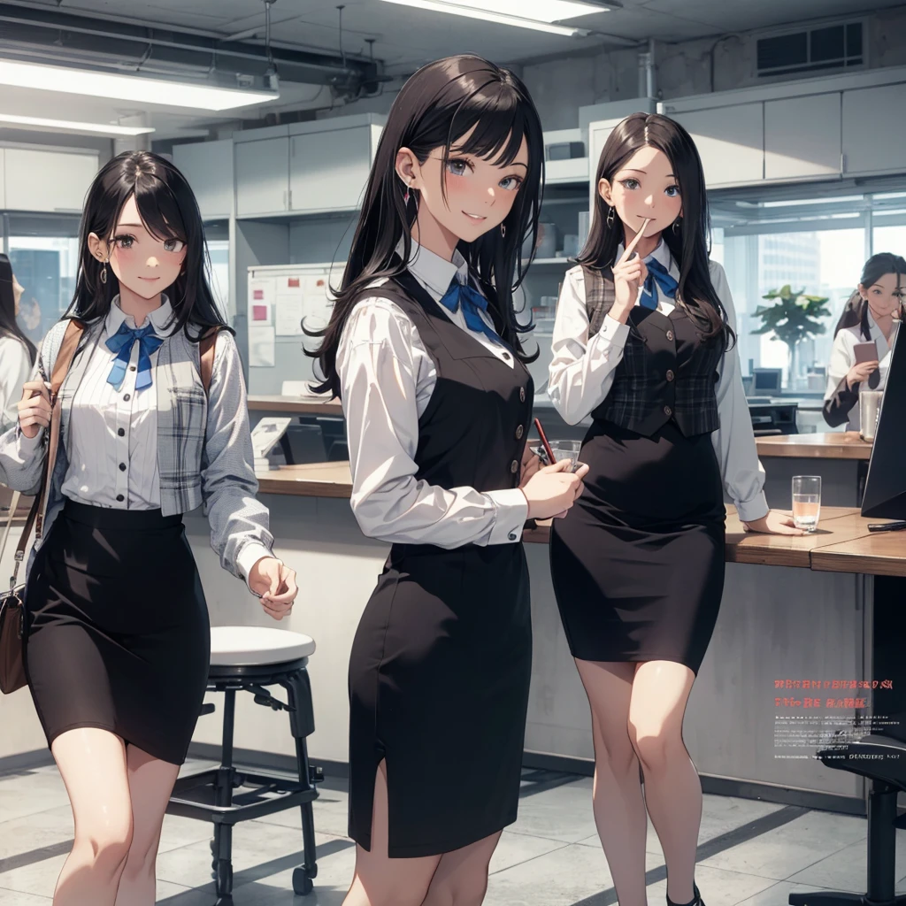 (Best Quality, Masterpiece),Wearing a pink plaid vest, White short sleeved shirt, Gray pencil skirt, Wear stiletto heels, Necklace, earrings, Cute face, Smile, Blushing, Shyness, Glass wall, Ultra Detail, Realistic, Front view, Whole body, stunning, cute, warm smile, hourglass figure, apron, text, chart, advertising, magazine title(Best Quality, Masterpiece), Mag((((1ladyl,)))) (masterpiece), (realistic), (best quality), (ultra-detailed), (wearing in [[white and gray check pattern]] Vest worn over white collared long-sleeved shirt:1.4), (gray vest with buttons:1.2), (Pink Theme:1.2), (blue ribbon ribbon:1.3), (Black theme:1.4), (Tight black pencil skirt:1.5), ((Brown pantyhose)), (high-heels:1.1),longskirt,office desk, office chair,Lulubre Unity 8K Wallpaper, pantyshot, long brown hair, office lady Magazine Cover, 1girl,  amazing, girl, 30 years old, house wiife, warm smile, hourglass figure, text, chart, advertising, magazine title