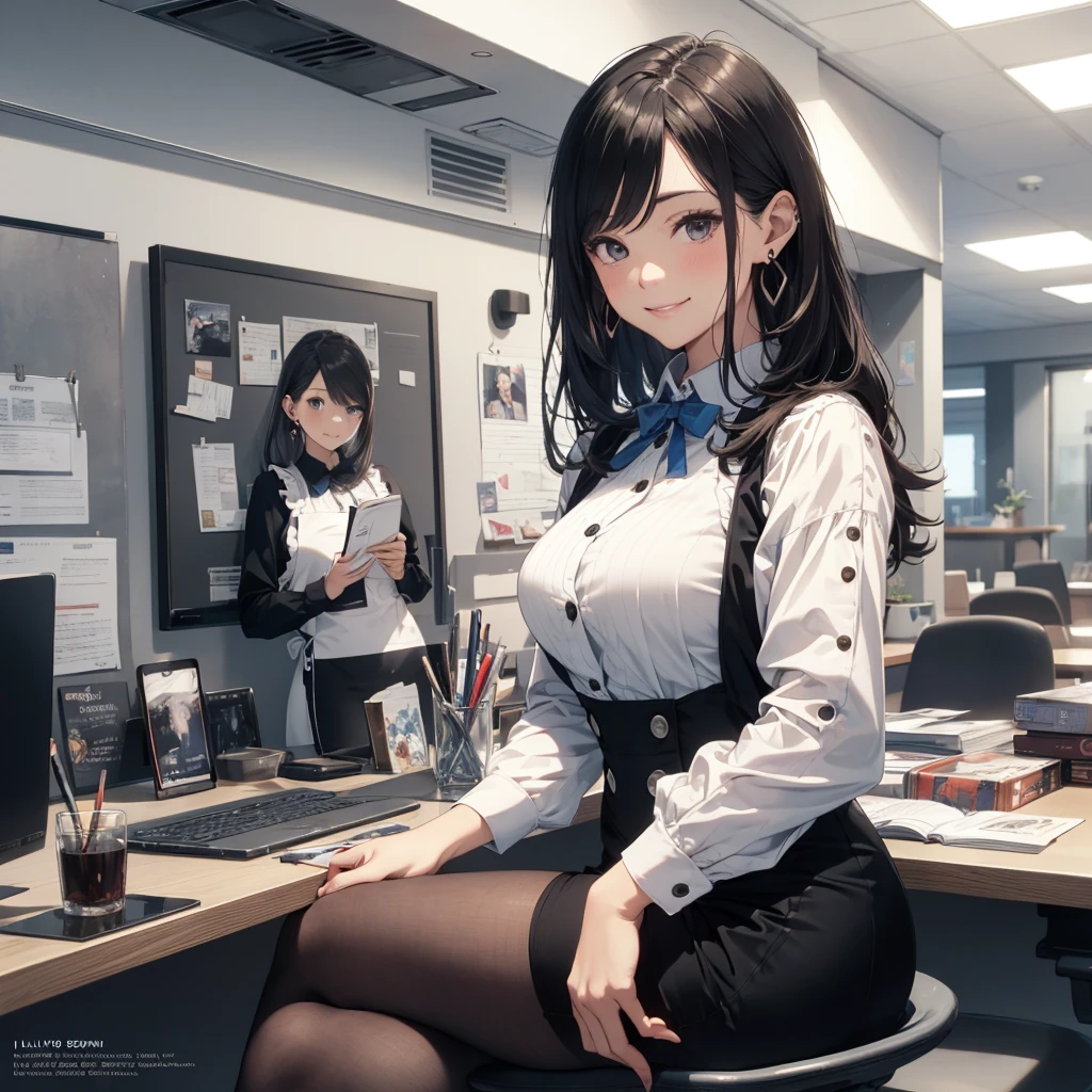 (Best Quality, Masterpiece),Wearing a pink plaid vest, White short sleeved shirt, Gray pencil skirt, Wear stiletto heels, Necklace, earrings, Cute face, Smile, Blushing, Shyness, Glass wall, Ultra Detail, Realistic, Front view, Whole body, stunning, cute, warm smile, hourglass figure, apron, text, chart, advertising, magazine title(Best Quality, Masterpiece), Mag((((1ladyl,)))) (masterpiece), (realistic), (best quality), (ultra-detailed), (wearing in [[white and gray check pattern]] Vest worn over white collared long-sleeved shirt:1.4), (gray vest with buttons:1.2), (Pink Theme:1.2), (blue ribbon ribbon:1.3), (Black theme:1.4), (Tight black pencil skirt:1.5), ((Brown pantyhose)), (high-heels:1.1),longskirt,office desk, office chair,Lulubre Unity 8K Wallpaper, pantyshot, long brown hair, office lady Magazine Cover, 1girl,  amazing, girl, 30 years old, house wiife, warm smile, hourglass figure, text, chart, advertising, magazine title