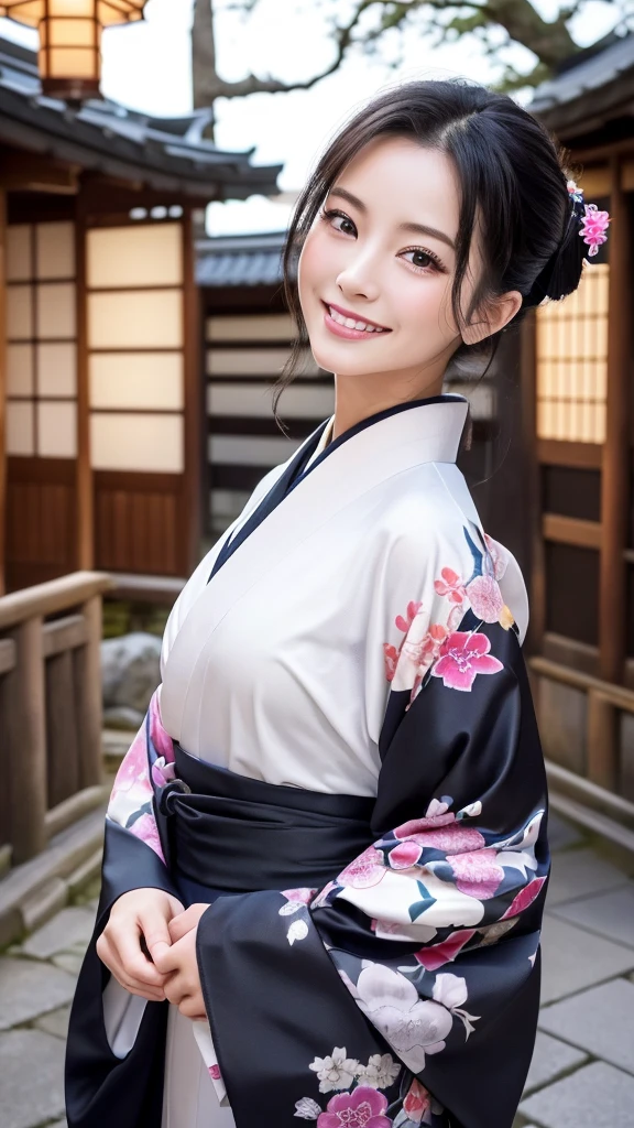 (Super beautiful woman in kimono)、((highest quality、8K masterpiece:1.3))、sharp focus:1.2、(super beautiful face:1.0)、(shiny skin:1.0)、realistic pictures、black hair、video lighting、High resolution eyes and face、video lighting、japanese actress、from the front、with a happy smile、whole body、wearing a kimono、in Kyoto、(luxury obi)、with a fan