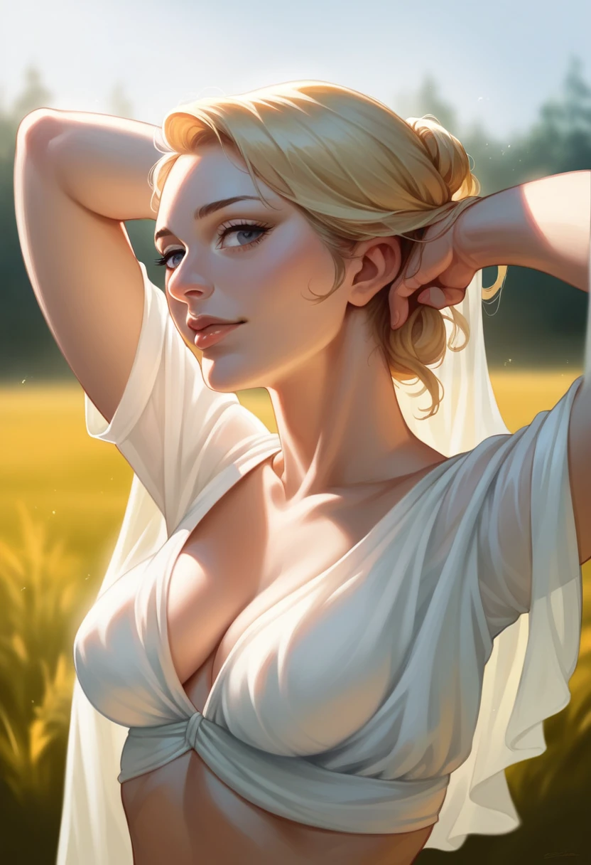 a beautiful sensual blonde female, detailed facial features, white silk blouse, body hugging fabric, no bra, elegant pose, sunlit meadow background, warm lighting, high resolution, photorealistic, digital painting