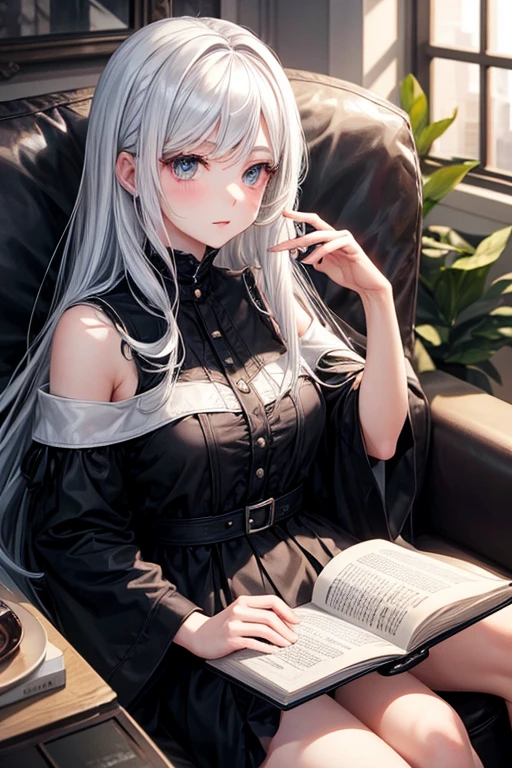 Make a girl with white hair, with a black dress, sitting on a sofa reading a book.