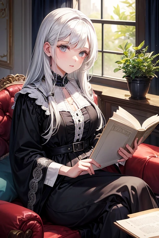 Make a girl with white hair, with a black dress, sitting on a sofa reading a book.