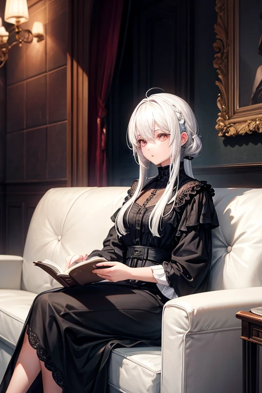 Make a girl with white hair, with a black dress, sitting on a sofa reading a book.