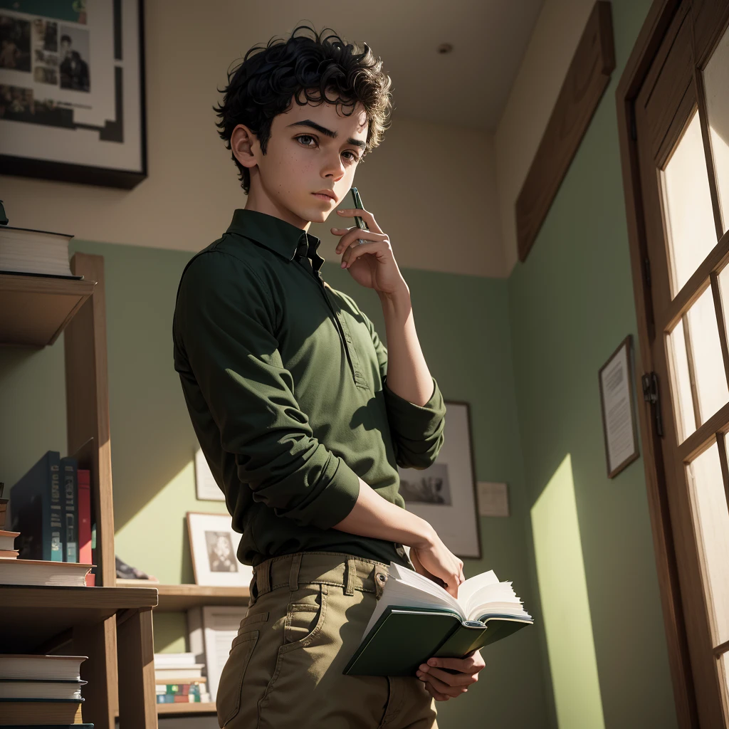 arafed boy in a green and black shirt Holding a book, ele está Holding a book grande, with science book, , inspired by Joze Ciuha, Holding a book, thought-provoking, by John Henderson, thought-provoking, album photo, full - view, inspired by Johan Edvard Mandelberg, Accurate shot, Accurate shot