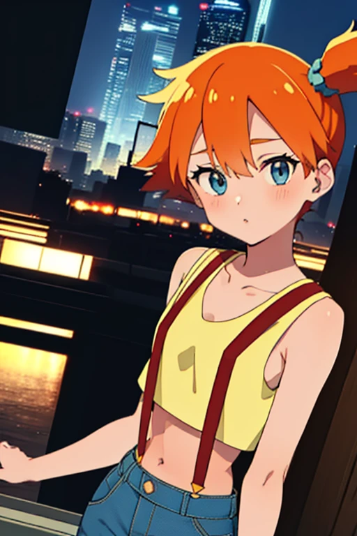 grownup misty (blue eyes:1.7), ((orange hair with a scrunchie), (flat chest:1.2),stretching, arms raised up, waking up to a beautiful Tokyo nightscape, BREAK collarbone, very ((yellow cropped shirt, red suspenders and denim pants)), bare arms, bare shoulders, bare legs, blushing, twenty-year old woman BREAK looking at viewer with eyes partially closed, BREAK outdoors, standing on a building watching the city at night, BREAK (masterpiece:1.2), best quality, high resolution, unity 8k wallpaper, (illustration:0.8), (beautiful detailed eyes:1.6), extremely detailed face, perfect lighting, extremely detailed CG, (perfect hands, perfect anatomy), full body shot