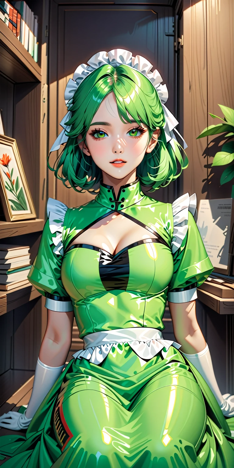 Portraiture、(masterpiece,Highest quality,Ultra-high resolution),Japanese men, (((Very beautiful 25 year old boy ))),(Pale green latex maid outfit)、(Pale green latex long skirt)、(A long-sleeved latex shirt that covers the upper body)、Pale green latex gloves、Pale green latex socks、Pale green latex bodysuit、Frills、Pale green latex apron that fits snugly from the chest down、Latex is very shiny、Dark Room、