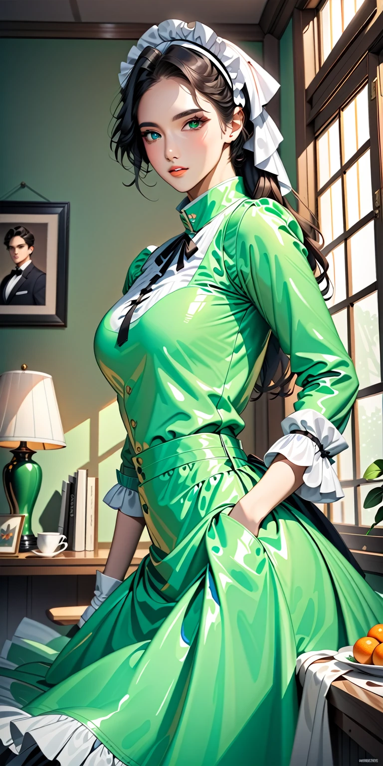 Portraiture、(masterpiece,Highest quality,Ultra-high resolution),Japanese men, (((Very beautiful 25 year old boy ))),(Pale green latex maid outfit)、(Pale green latex long skirt)、(A long-sleeved latex shirt that covers the upper body)、Pale green latex gloves、Pale green latex socks、Pale green latex bodysuit、Frills、Pale green latex apron that fits snugly from the chest down、Latex is very shiny、Dark Room、