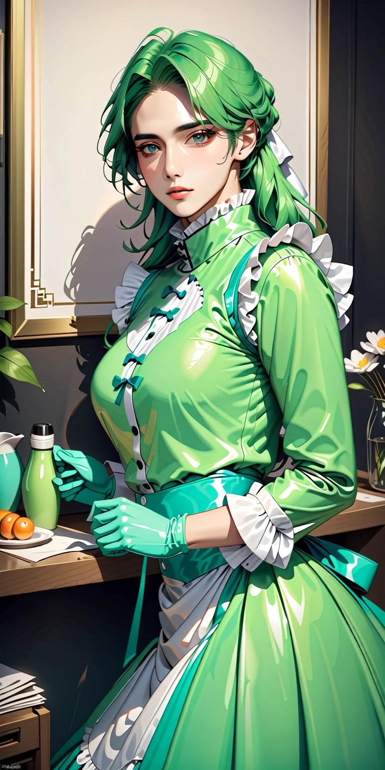 Portraiture、(masterpiece,Highest quality,Ultra-high resolution),Japanese men, (((Very beautiful 25 year old boy ))),(Pale green latex maid outfit)、(Pale green latex long skirt)、(A long-sleeved latex shirt that covers the upper body)、Pale green latex gloves、Pale green latex socks、Pale green latex bodysuit、Frills、Pale green latex apron that fits snugly from the chest down、Latex is very shiny、Dark Room、