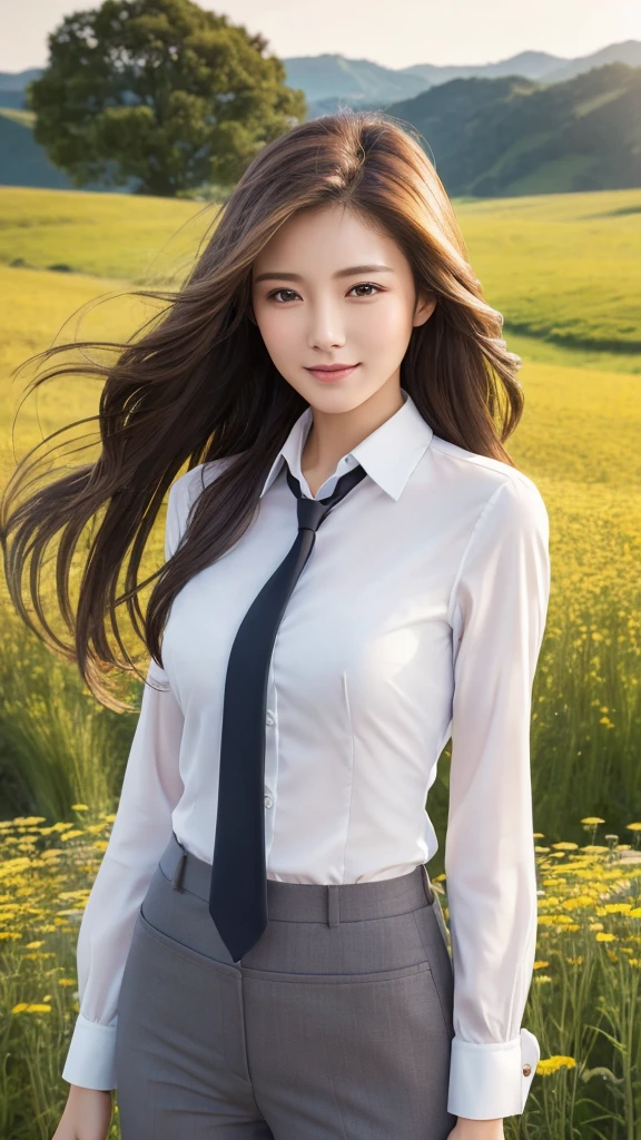 highest quality、genuine、Super detailed、finely、High resolution、8k wallpaper、one beautiful woman、、、light brown disheveled hair、wearing a business suit、sharp focus、perfect dynamic composition、beautiful and detailed eyes、thin hair、Detailed genuine skin texture、smile、model body shape、In a windswept meadow