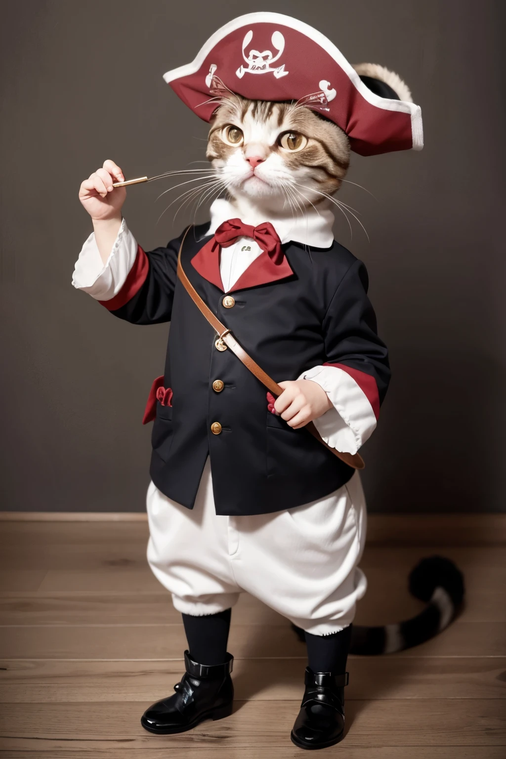 
work of art,highest quality,animal,a little,cute,no humans,English shorthair cat,pirate outfit,standing on hind legs
