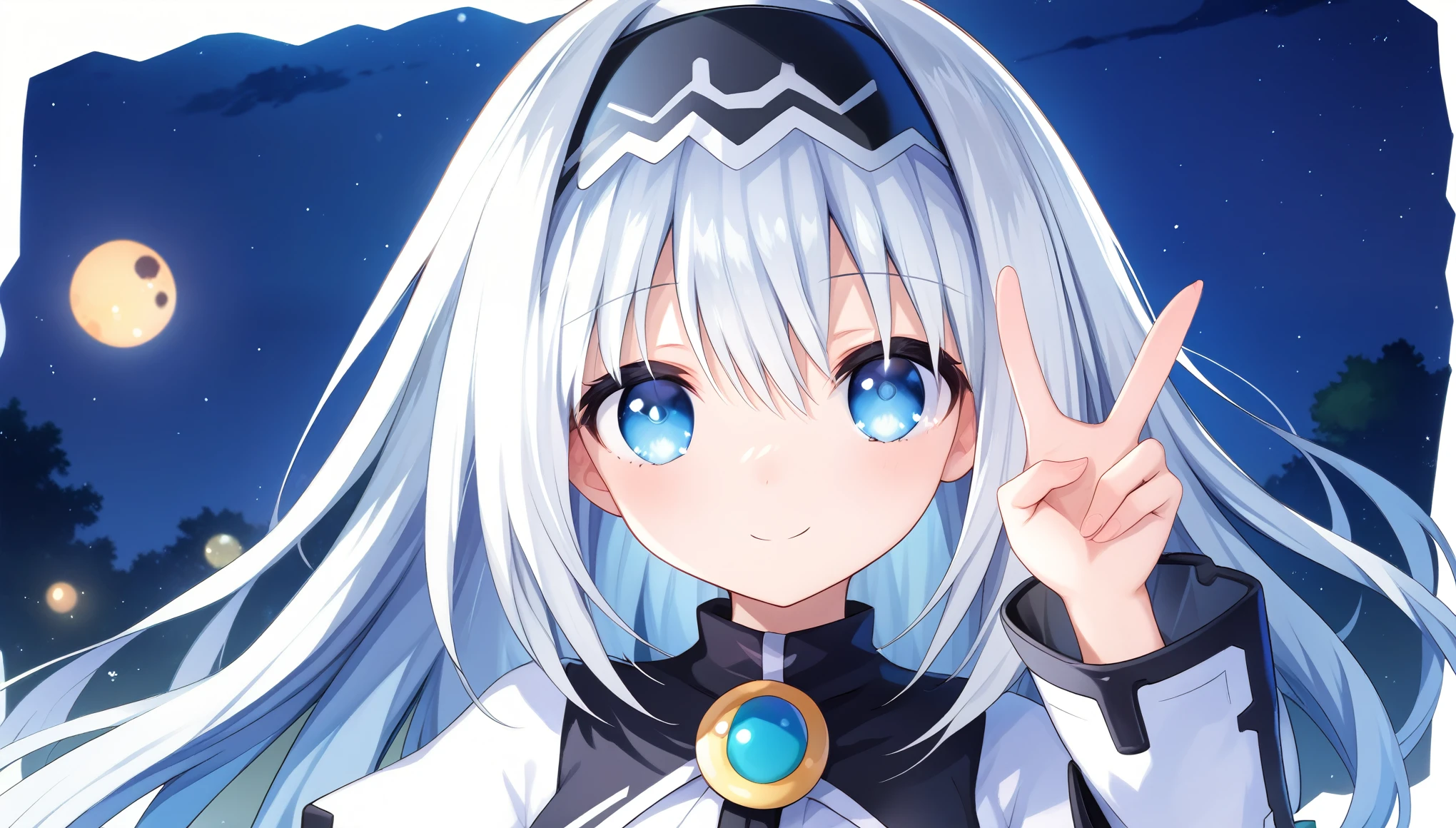 score_9, score_8_up, score_7_up, arusu maria,1girl, solo, long hair, blue eyes, white hair,hair between eyes,white dress,white thighhighs, long sleeves, wide sleeves,black hairband,Face, close-up, upper body, peace pose, smiling, sit, rised hand, martian background, night, illuminated eyes, earth in the distance