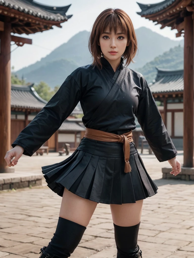 Kasumi, brown eyes, (best quality, ultra-detailed), (realistic:1.37), beautiful and detailed face, ultra-realistic texture, delicate face, delicate body, strong red lipstick, bright colors. High definition, 8K.