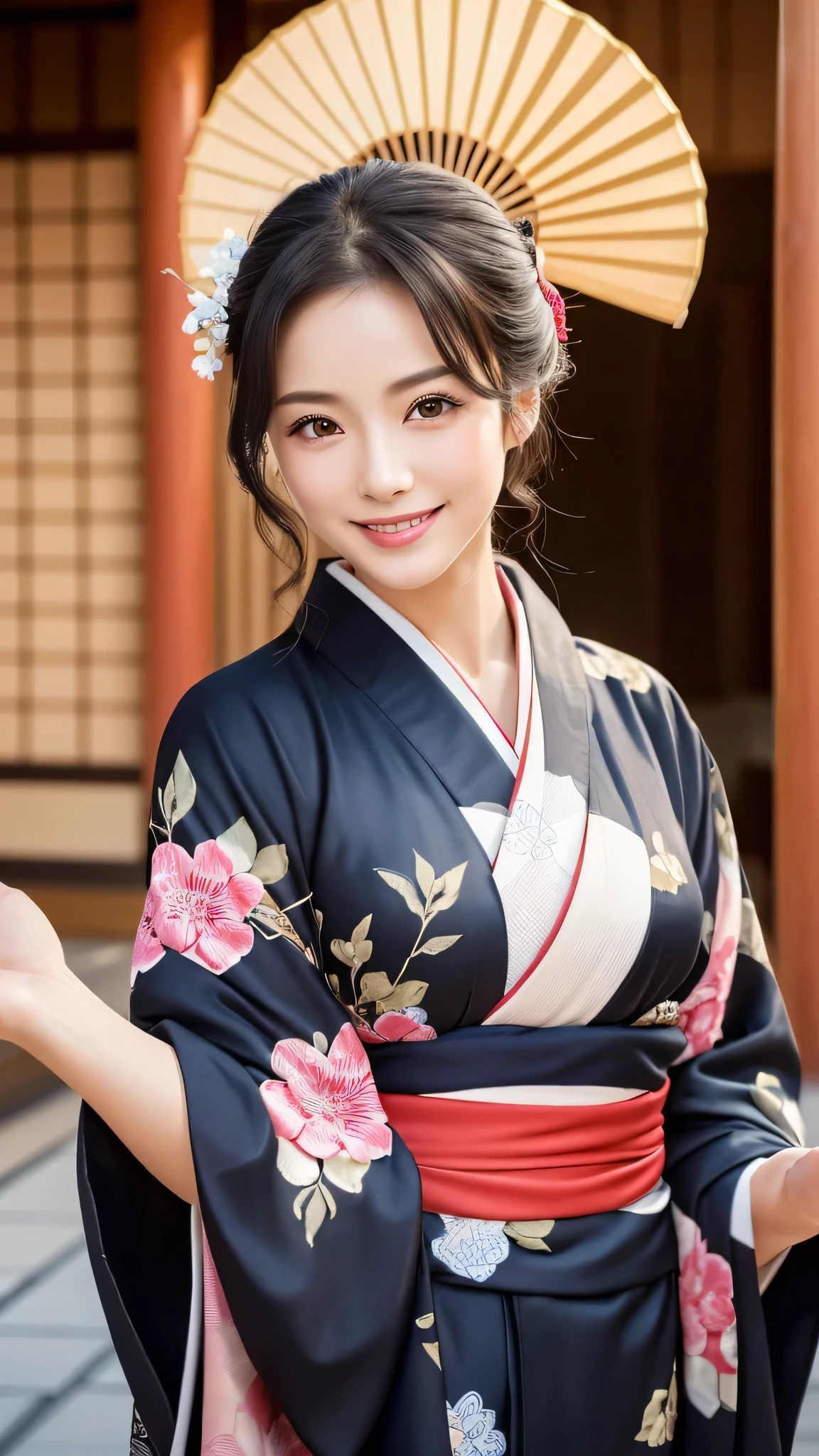 (Super beautiful woman in kimono)、((highest quality、8K masterpiece:1.3))、sharp focus:1.2、(super beautiful face:1.0)、(shiny skin:1.0)、realistic pictures、black hair、video lighting、High resolution eyes and face、video lighting、japanese actress、from the front、with a happy smile、whole body、wearing a kimono、in Kyoto、(luxury obi)、with a fan