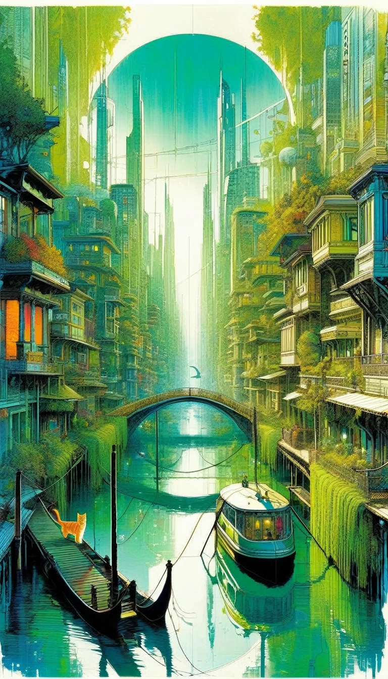 a cat in lake city:1.5 , an impressive city built on a large lake, with canals as streets, lots of vegetation, futuristic elements, artwork by Bill Sienkiewicz , vivid colors, intricate details,

