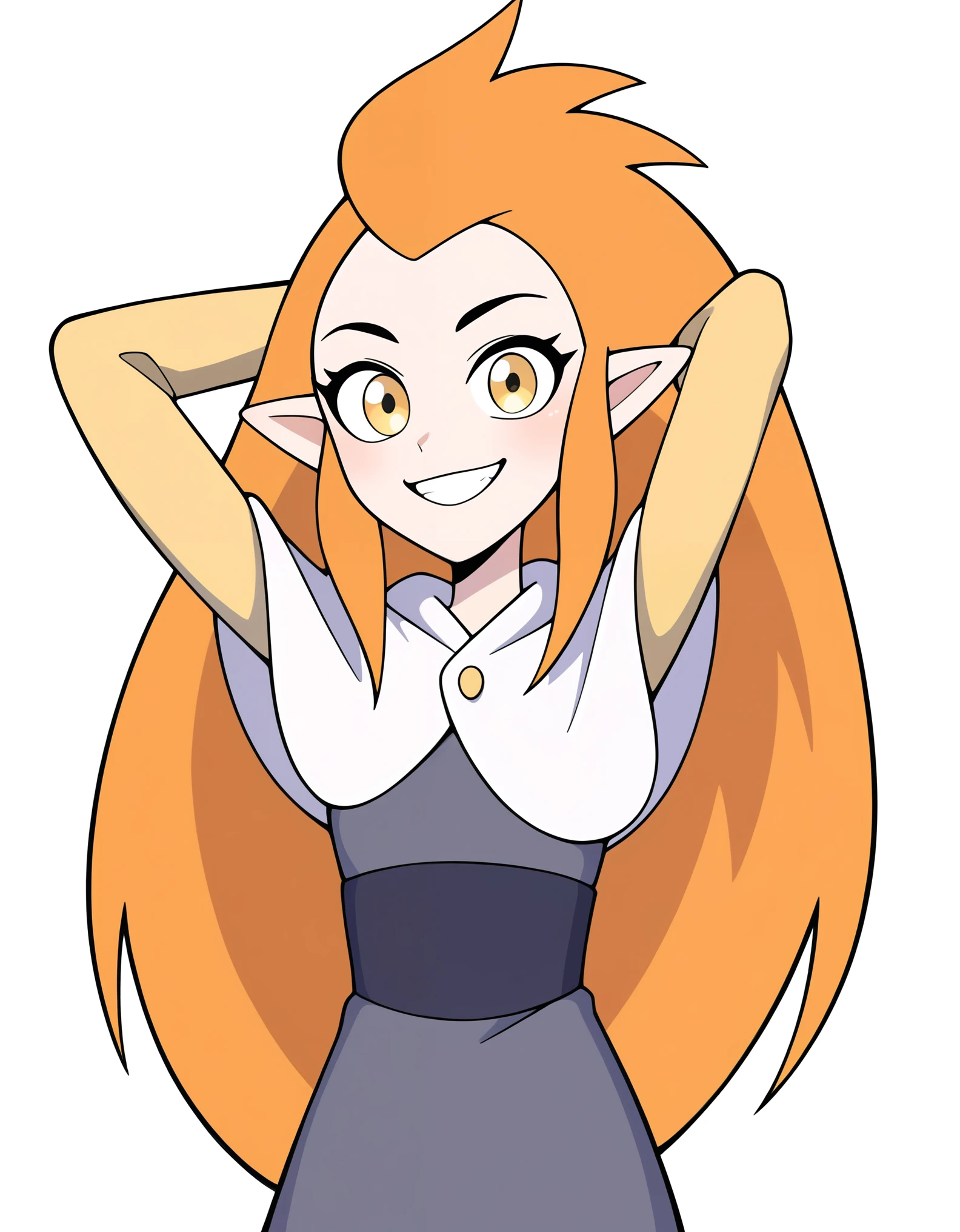 1girl, eda clawthorne, orange hair, long hair, yellow eyes, pointy ears, , capelet, grey skirt, yellow sleeves, yellow leggings, smile, looking at viewer, arms behind head, white background, grey shirt,