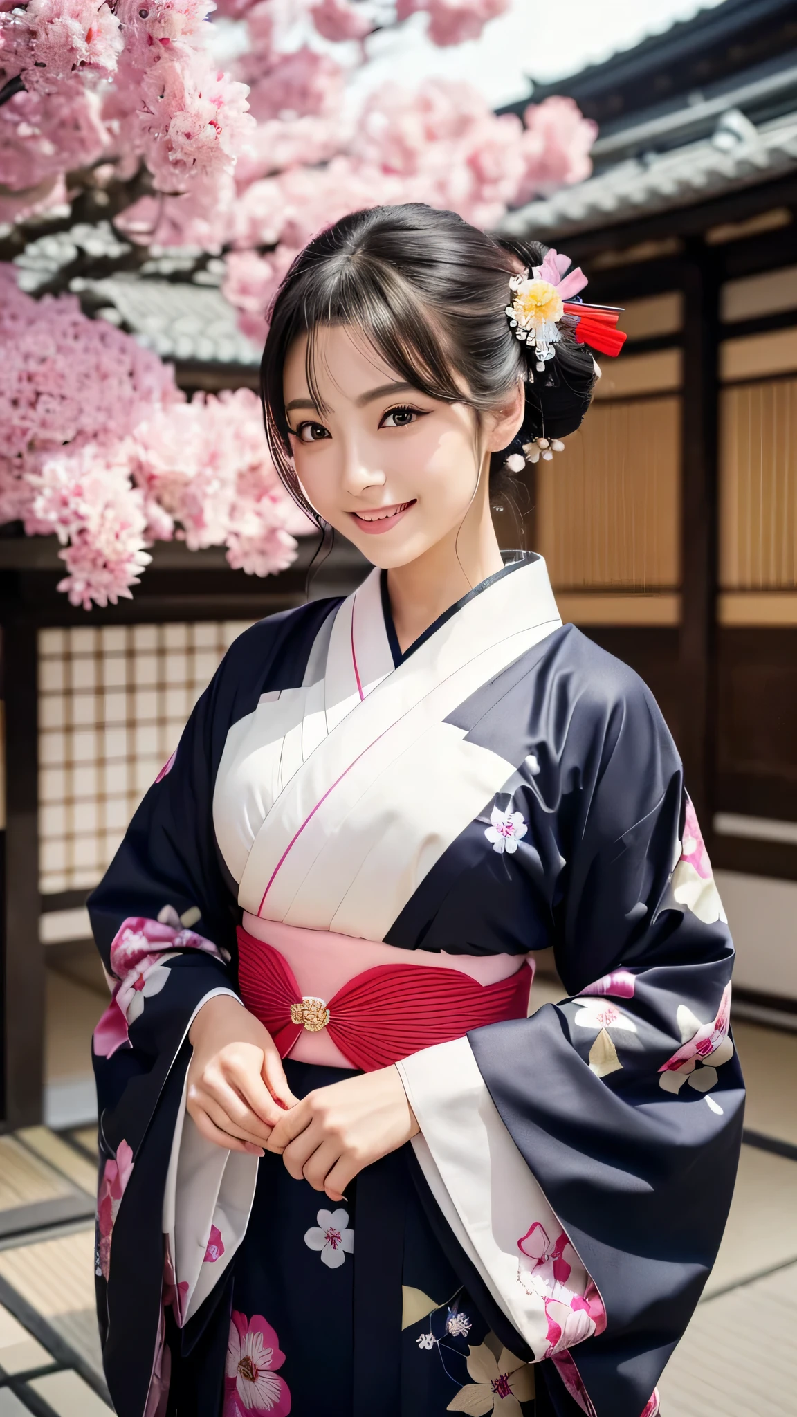 (Super beautiful woman in kimono)、((highest quality、8K masterpiece:1.3))、sharp focus:1.2、(super beautiful face:1.0)、(shiny skin:1.0)、realistic pictures、black hair、video lighting、High resolution eyes and face、video lighting、japanese actress、from the front、with a happy smile、whole body、wearing a kimono、in Kyoto、(luxury obi)、with a fan