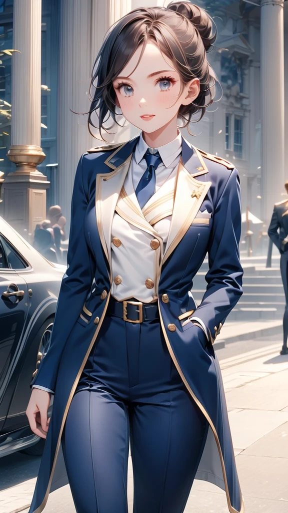 //Character
1girl,
BREAK
//Fashions
Clock Tower Guardian Uniform
This style blends the formality of a uniform with clock-themed elements for a striking look, The outfit features a fitted, double-breasted blazer in midnight blue with brass buttons shaped like clock faces, The blazer has gold embroidery along the cuffs and lapels, with intricate clockwork designs, Underneath, a crisp white dress shirt with a high, stiff collar and a navy blue tie with small clock prints adds to the uniform aesthetic,
BREAK
The outfit is completed with tailored, high-waisted trousers in matching blue, tucked into polished black ankle boots, Accessories include a wide leather belt with a brass buckle shaped like a clock and a pocket watch on a chain that clips to the blazer, Hair is styled sleekly back or in a tidy bun, and makeup is minimal, focusing on a polished look with bold eyeliner and red lips, This outfit is perfect for formal events, cosplay, or themed parties,
BREAK