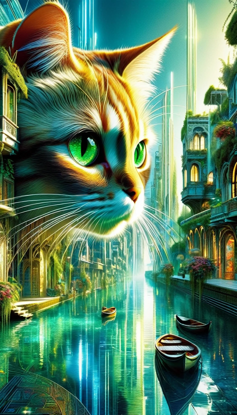 a cat in a scenic futuristic lake city, beautiful detailed eyes, beautiful detailed face, extremely detailed fur, intricate architectural details, floating platforms and canals, lush vegetation, vibrant colors, dramatic lighting, cinematic composition, artwork by Bill Sienkiewicz, (best quality,4k,8k,highres,masterpiece:1.2),ultra-detailed,(realistic,photorealistic,photo-realistic:1.37),concept art
