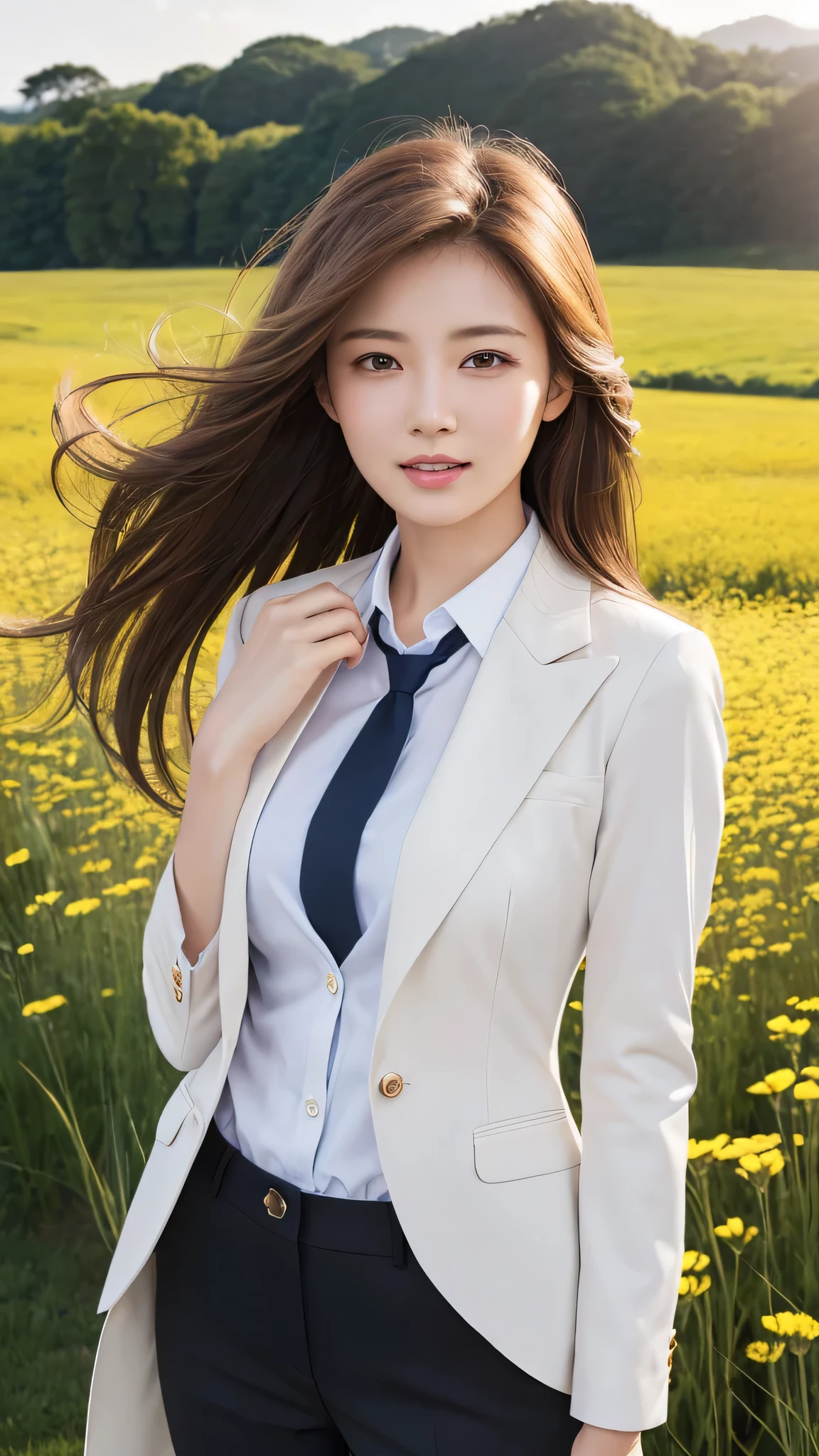 highest quality、genuine、Super detailed、finely、High resolution、8k wallpaper、one beautiful woman、、、light brown disheveled hair、wearing a business suit、sharp focus、perfect dynamic composition、beautiful and detailed eyes、thin hair、Detailed genuine skin texture、smile、model body shape、In a windswept meadow
