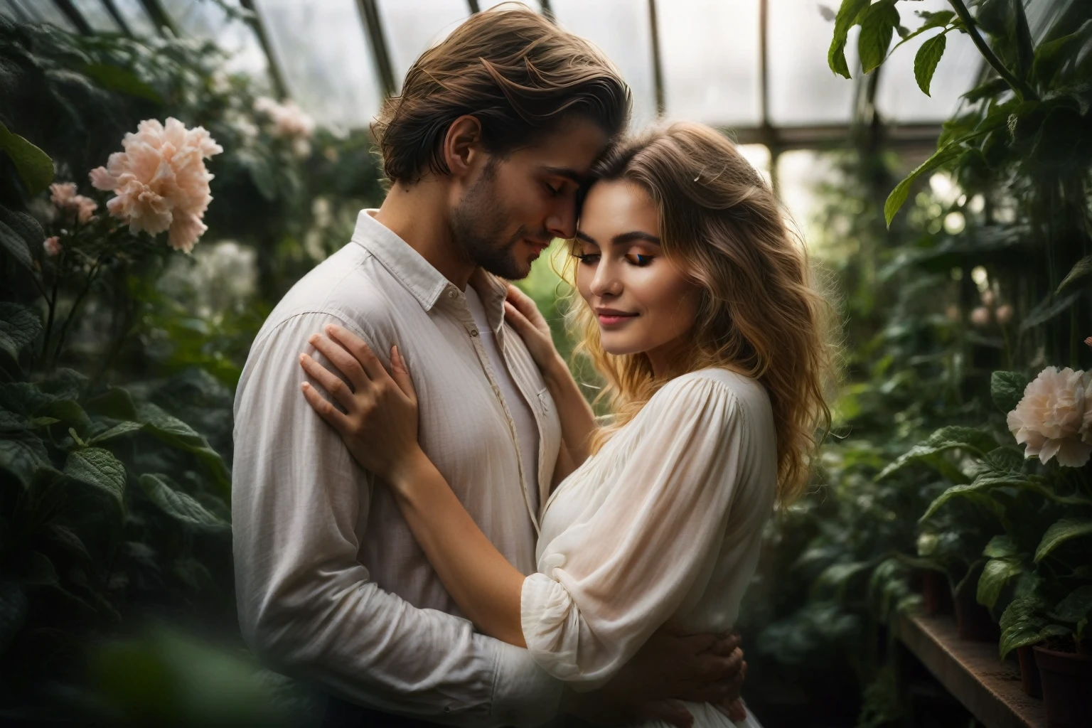 there is a man and woman embracing in a greenhouse, romantic couple, couple portrait, portrait shot, man and woman in love, lovely couple, photo still, close portrait, by Jakob Gauermann, dreamy and romantic, by Adam Marczyński, couples portrait, by Emma Andijewska, by Matija Jama, stock photo