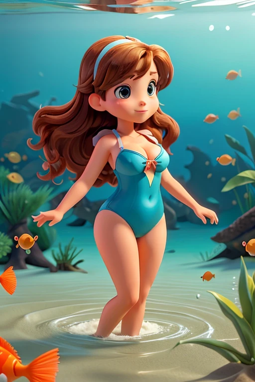 A busty girl in a swimsuit on a beach submerged in the water, observing a beautiful goldfish