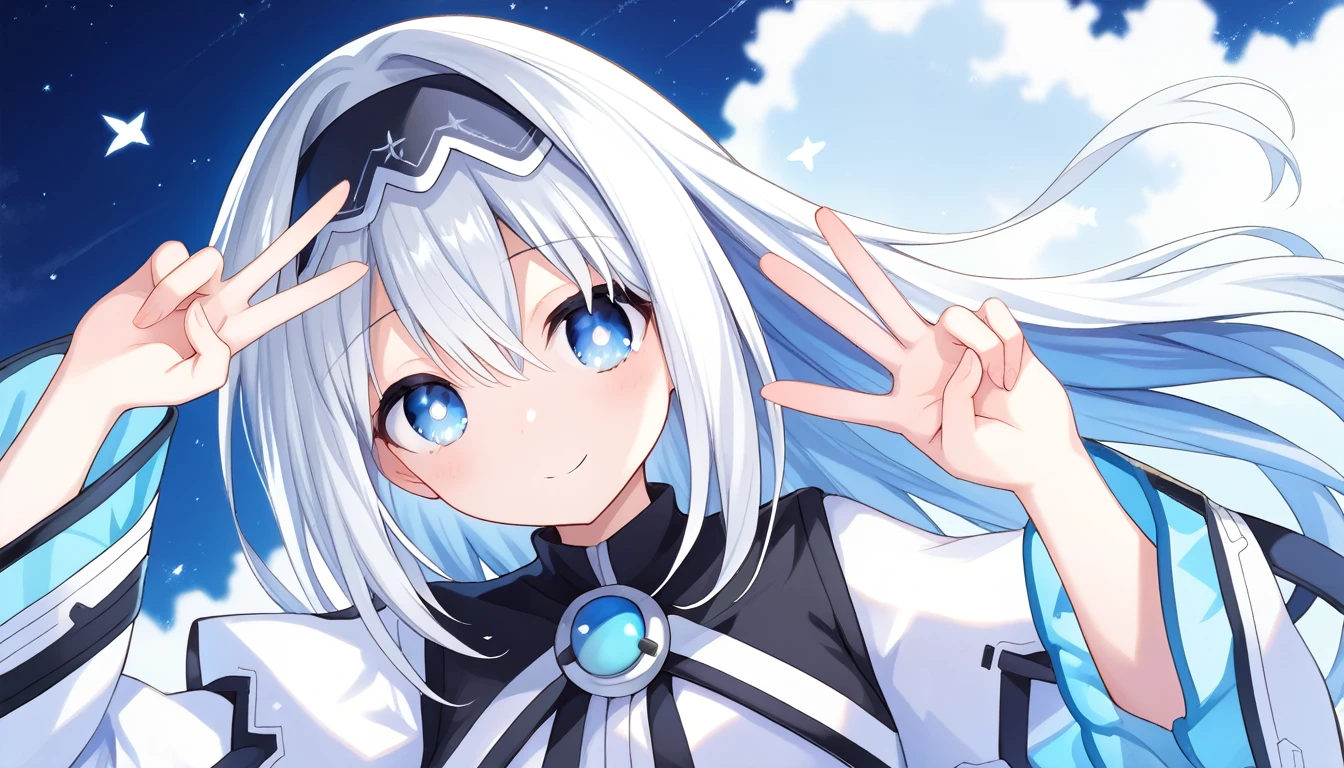 score_9, score_8_up, score_7_up, arusu maria,1girl, solo, long hair, blue eyes, white hair,hair between eyes,white dress,white thighhighs, long sleeves, wide sleeves,black hairband,Face, close-up, upper body, peace pose, smiling, sit, rised hand, mars atmosphere, black night sky, illuminated eyes, earth in the sky