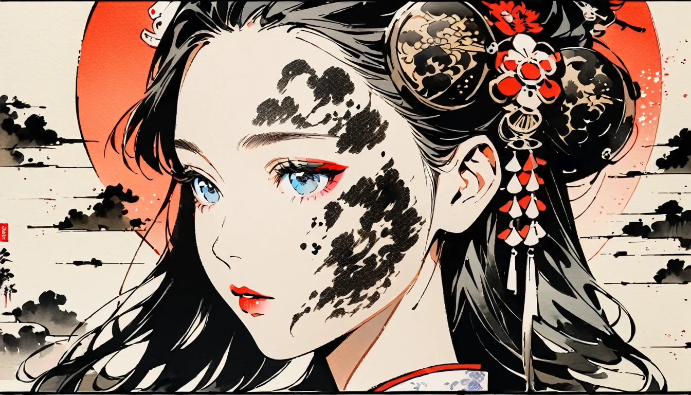 (((Ink Painting))), Fashion portrait color photos, (((1 girl))), (((Tattoo on face))), (((Gorgeous hair accessories))), Japanese style headphones, face close-up, Japanese beautiful girl, Black Hair, Delicate and precise, Modern ukiyo-e style