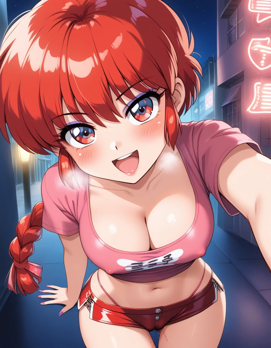 1girl, background, (ranma-chan), blush, red hair, medium breasts, tomboy, one short pigtail, nighttime, hot breath, open mouth, dimmed lighting, standing, city, big ass, wide hips, toned body, wearing slutty prostitute outfit, micro skirt, midriff, prostitute, purple eyeshadow, (detailed fingers), thong peek, tight pink latex top, no bra, 5 fingers, red light, neon light billboards, red-light district, nipple bulge in shirt, pussy juice, (artist: loliconder), (cameltoe), close to viewer, girl looking up at viewer, grinning, (girl inviting viewer to fuck her), view from above, slutty, prostitute, makeup, cleavage,