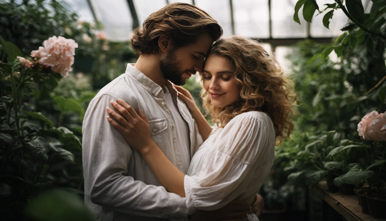 there is a man and woman embracing in a greenhouse, romantic couple, couple portrait, portrait shot, man and woman in love, lovely couple, photo still, close portrait, by Jakob Gauermann, dreamy and romantic, by Adam Marczyński, couples portrait, by Emma Andijewska, by Matija Jama, stock photo