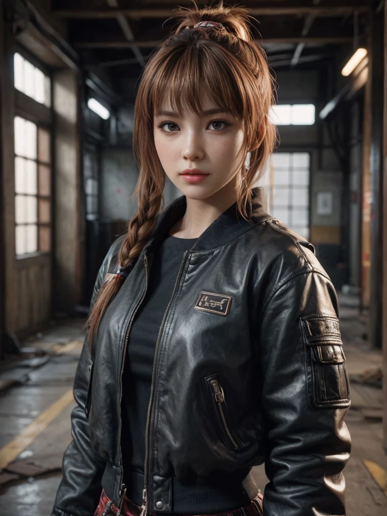 Kasumi, brown eyes, (best quality, ultra-detailed), (realistic:1.37), beautiful and detailed face, ultra-realistic texture, delicate face, delicate body, strong red lipstick, bright colors. High definition, 8K.
