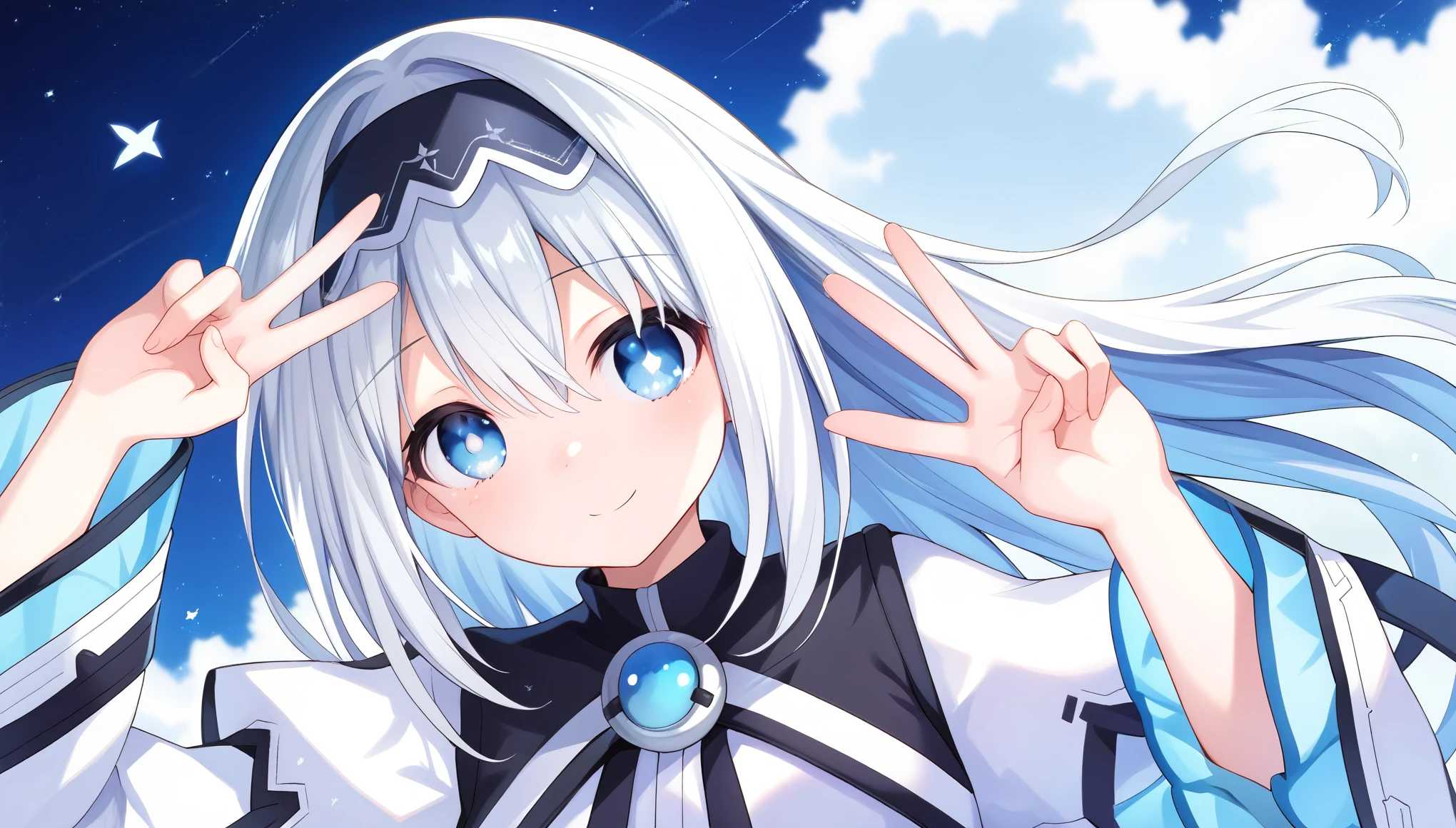 score_9, score_8_up, score_7_up, arusu maria,1girl, solo, long hair, blue eyes, white hair,hair between eyes,white dress,white thighhighs, long sleeves, wide sleeves,black hairband,Face, close-up, upper body, peace pose, smiling, sit, rised hand, mars atmosphere, black night sky, illuminated eyes, earth in the sky