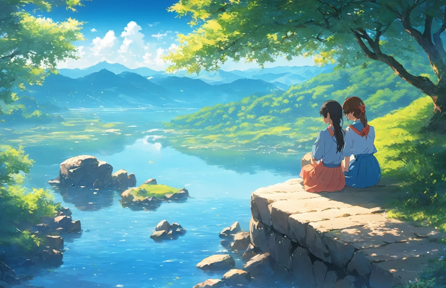 painting of a couple sitting on a rock path by the water, anime beautiful peace scene, anime nature wallpap, wallpaper anime blue water, beautiful anime scenery, anime landscape wallpaper, anime background art, anime background, scenery artwork, hd wallpaper, anime scenery, dream scenery art, high quality desktop wallpaper, anime hd wallpaper, beautiful anime scene, beautiful wallpaper