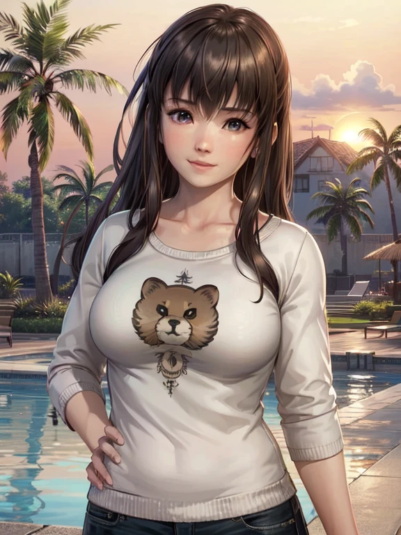 (artwork, Best Quality:1.3)
DOA Hitomi, 1 girl, Alone, by the wide, old, looking at the viewer, smile, shirt, medium old, arise from, elastic fur, outdoor, tree, Lips, Sunset, realist, palm tree, pool, vase