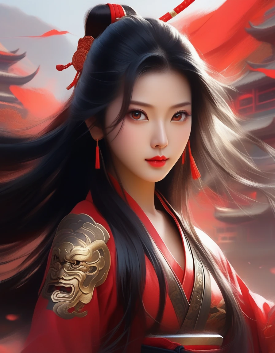 ((Painting of a Chinese girl badas in metal style holding samurai)), (Photo RAW:1.2),  beautiful girl, Attractive eyes and moist lips, long black hair, My body is rippling, beautifully flowing hair, (badas poses), professional art, uhd 8k, epic illustration, digital painting, lightningwave, color gel lighting, ultra detailed digital painting, dynamic pose, picturesque colors, gorgeous digital painting, red and gold tetradic colors